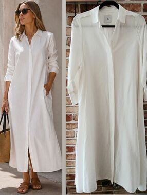 G Label by Goop White Collared Shirt Dress Linen A-Line Maxi Italy Women's US 0